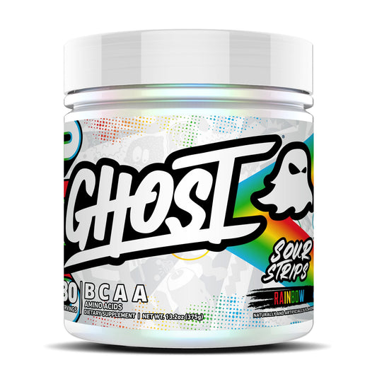 GHOST BCAA Sour Strips Rainbow bottle shows sugar-free intra-workout refreshment.