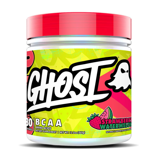 GHOST BCAA Strawberry Watermelon tub with transparent label showing exact dosages.