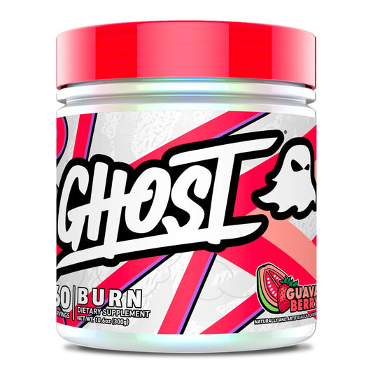 GHOST Burn Guava Berry tub front showing energy support and flavor appeal for workouts