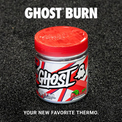 GHOST Burn scoop beside the jar highlights transparent dosage labeling.