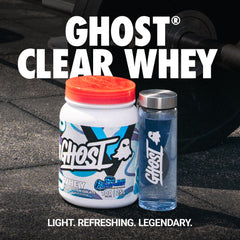 GHOST Clear Whey blue raspberry scoop highlights 25 g protein with zero sugar.