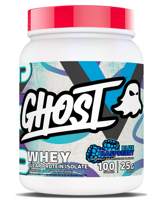 GHOST Clear Whey blue raspberry tub shows 25 g protein per scoop for post-workout fueling.