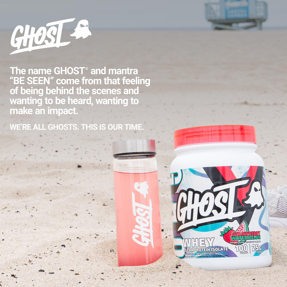 Close-up shows 25 g protein per scoop in Ghost Clear Whey.
