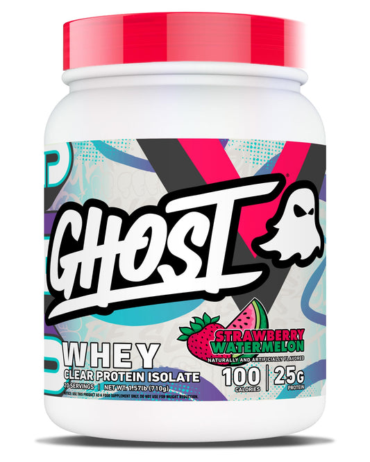 Ghost Clear Whey Isolate Strawberry Watermelon tub for post-workout refreshment.