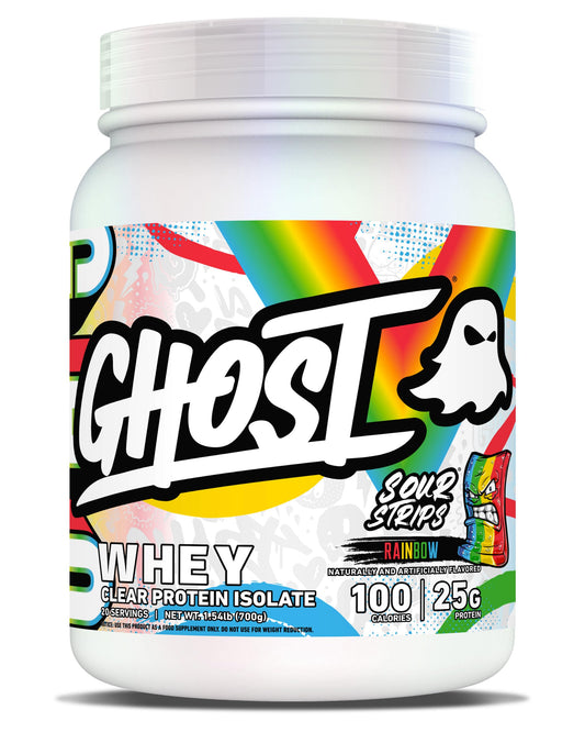 GHOST Clear Whey Sour Strips tub showing a high-protein formula for post-workout recovery
