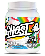 GHOST Clear Whey Sour Strips tub showing a high-protein formula for post-workout recovery