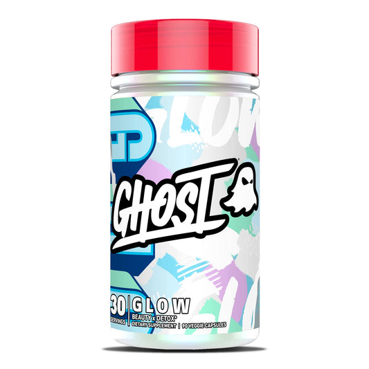 GHOST Glow capsules bottle front with transparent ingredient label for informed use