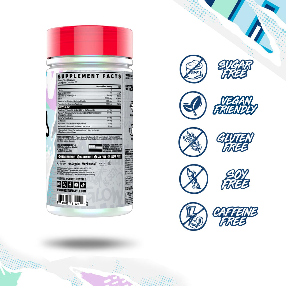 GHOST Glow capsules shown with water, illustrating daily usage
