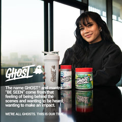 GHOST Glow bottle beside a glass suggesting a hydration-friendly routine