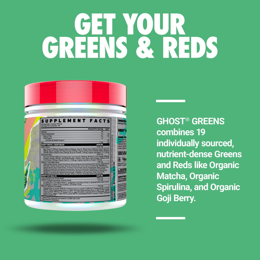 Close-up of GHOST Greens Guava Berry label shows prebiotics and probiotic content.
