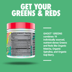 Close-up of GHOST Greens Guava Berry label shows prebiotics and probiotic content.