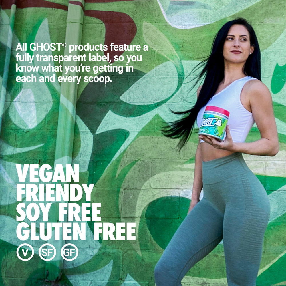 GHOST Greens Guava Berry tub emphasizes gluten-free and vegan formula.