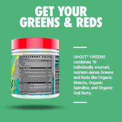 Ghost Greens ingredients blend featuring chlorella, matcha, and spirulina for balanced nutrition