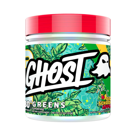 GHOST Greens Old School Apple tub front showing 30 servings for daily greens.