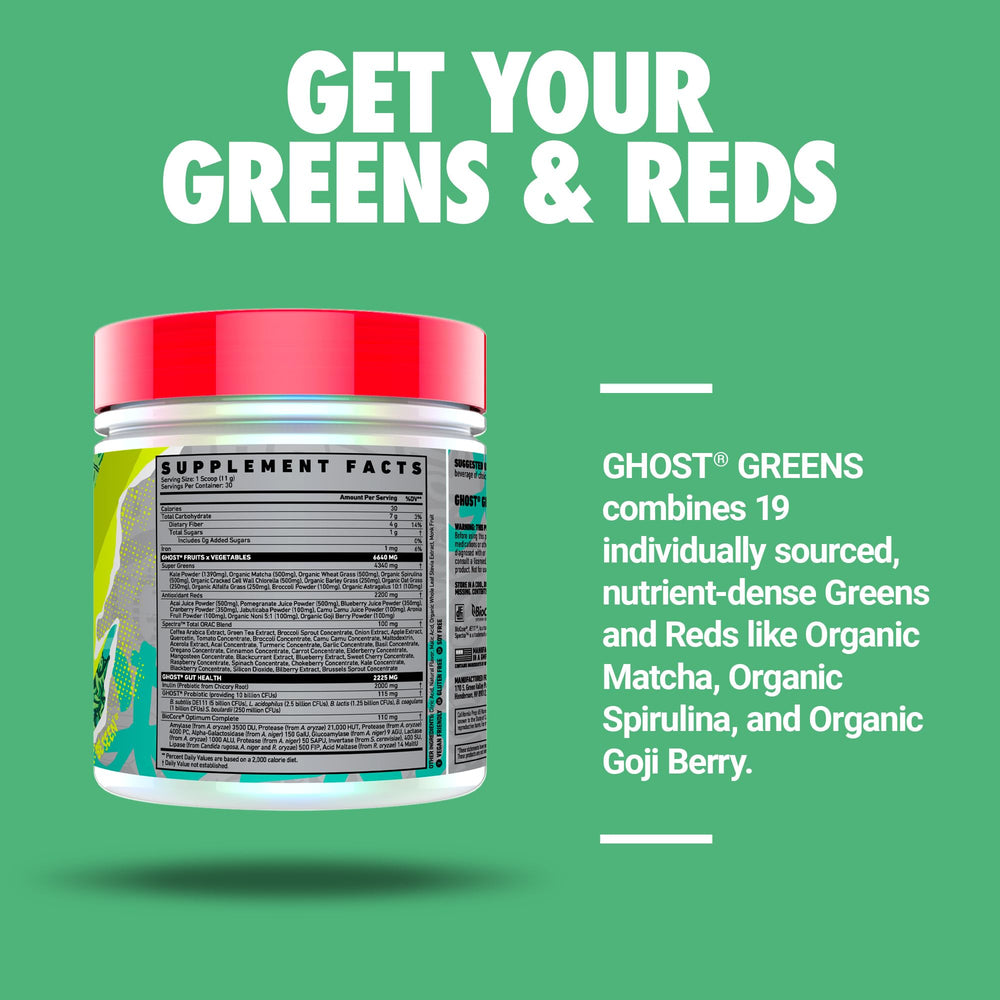 Close view of GHOST Greens Lime ingredients including spirulina and chlorella