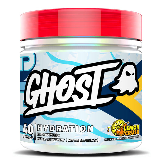 Ghost Hydration Lemon Crush bottle pour shows electrolyte-enhanced water for workouts.