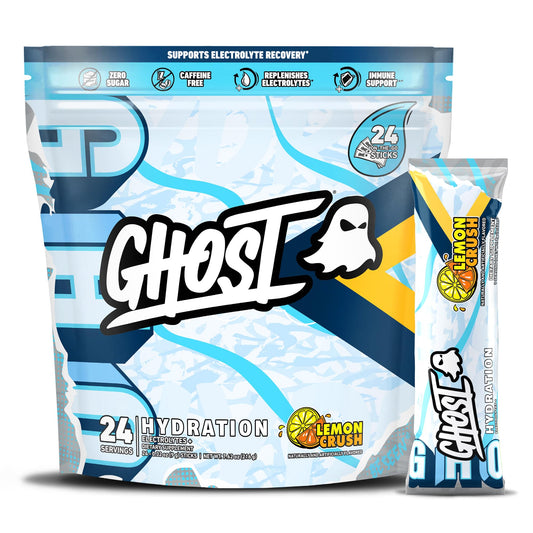 GHOST Hydration Lemon Crush stick dissolving in water to deliver electrolytes