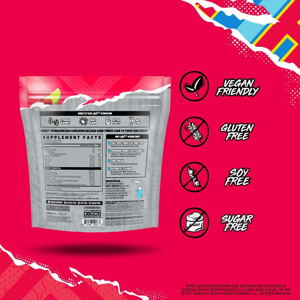 GHOST Hydration Packets packaging-front showcasing vegan-friendly, sugar-free formula.