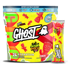 Ghost Hydration stick being poured into water for a refreshing electrolyte boost.