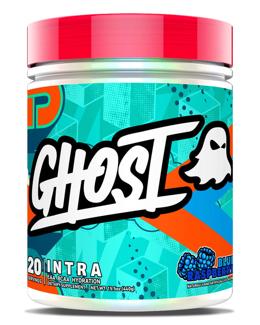 GHOST Intra Blue Raspberry tub showcasing flavor and transparent ingredients for fueling workouts.