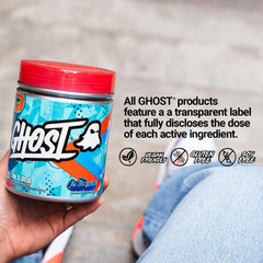 GHOST Intra mixed in a glass, blue raspberry flavor ready for hydration and focus.