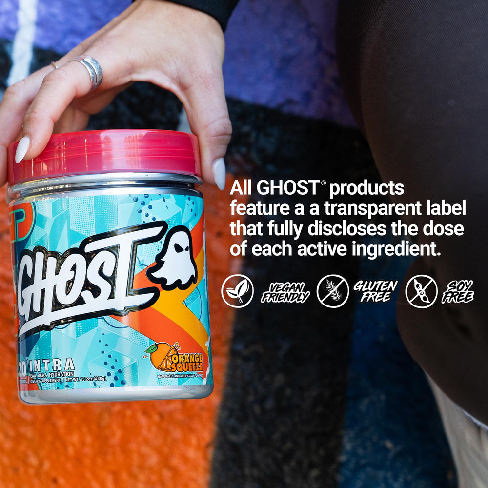 GHOST Intra packaging hero shot emphasizing vegan, gluten-free, soy-free formula.