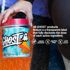 GHOST Intra packaging hero shot emphasizing vegan, gluten-free, soy-free formula.
