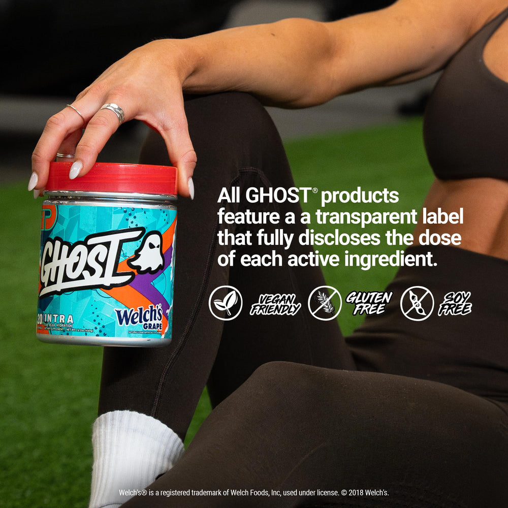 Ingredients list highlights BCAAs, EAAs, and hydration aids in GHOST Intra Welch's Grape.