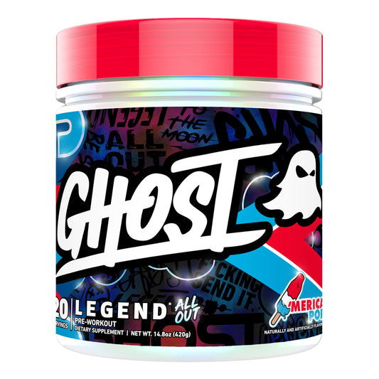 Ghost Legend All Out Merica Pop tub with vibrant powder and label, signaling energy potential.