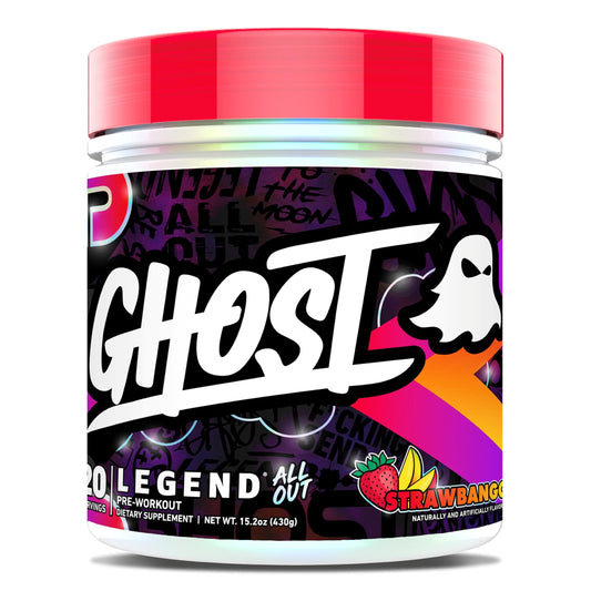 GHOST Legend All Out Strawbango bottle and scoop display full-dose transparency for athletes.