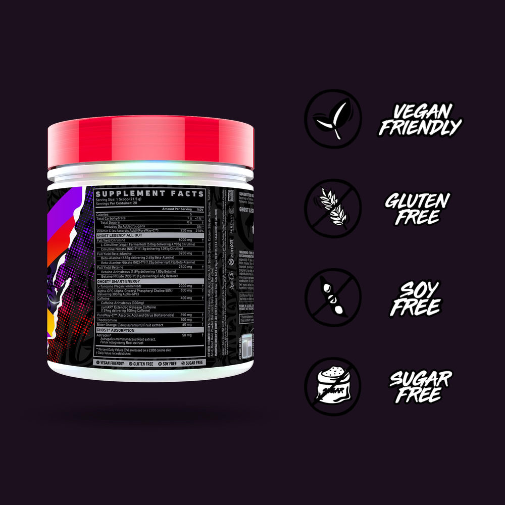 GHOST Legend All Out Strawbango ready-to-drink pre-workout mix in glass for workouts.