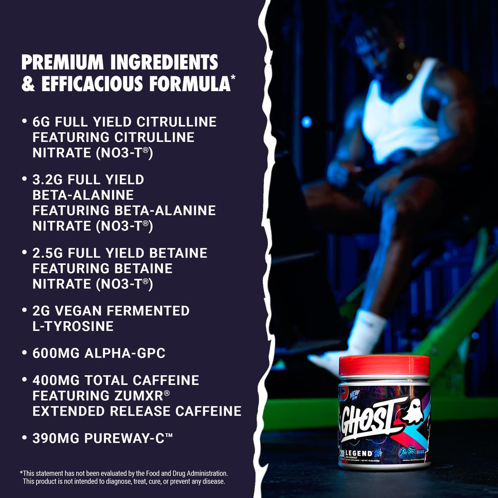 GHOST Legend All Out transparent label shows exact ingredient amounts