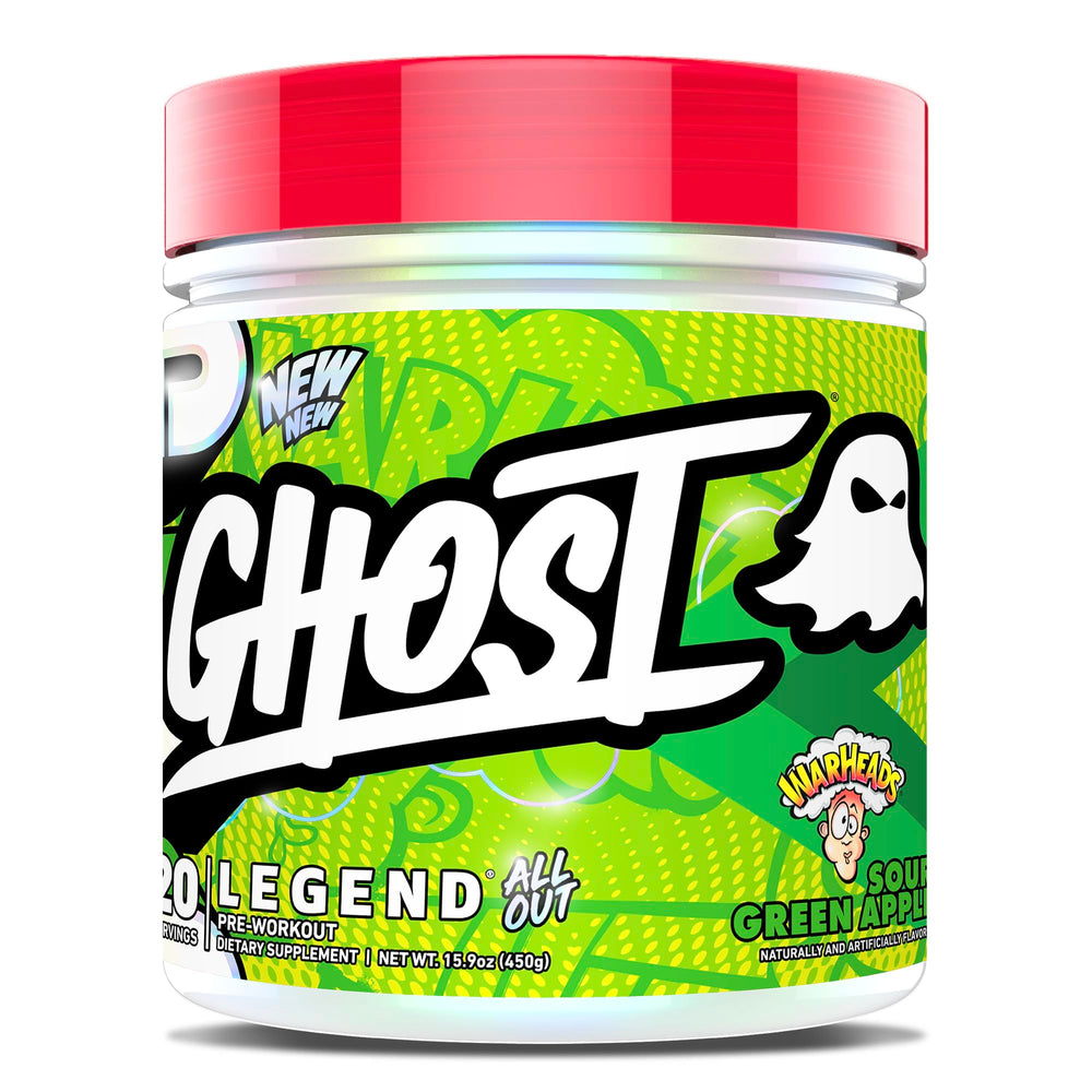 GHOST Legend All Out Warheads Sour Green Apple pack shot with clear label transparency.