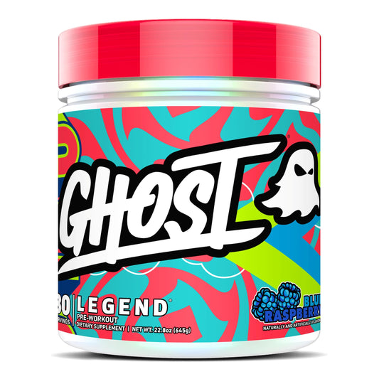 GHOST Legend Blue Raspberry tub front shows vegan-friendly pre-workout formula with clean energy potential.