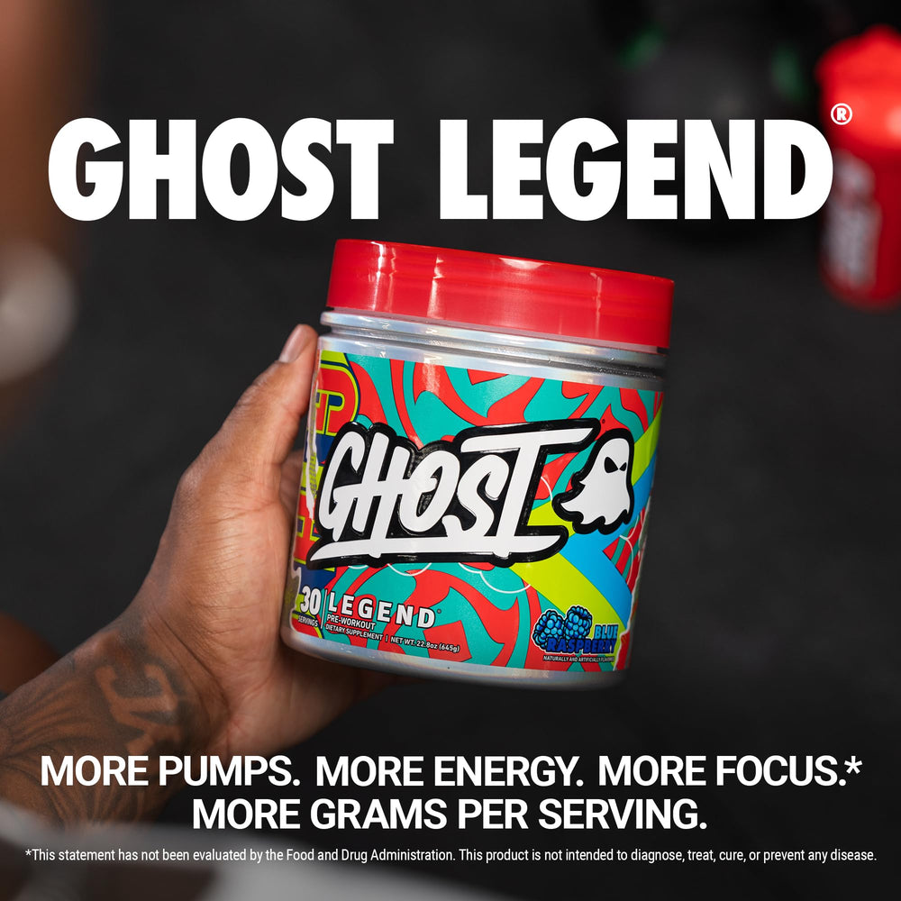 Close-up of lid on Ghost Legend Blue Raspberry tub highlighting flavor and easy serving.