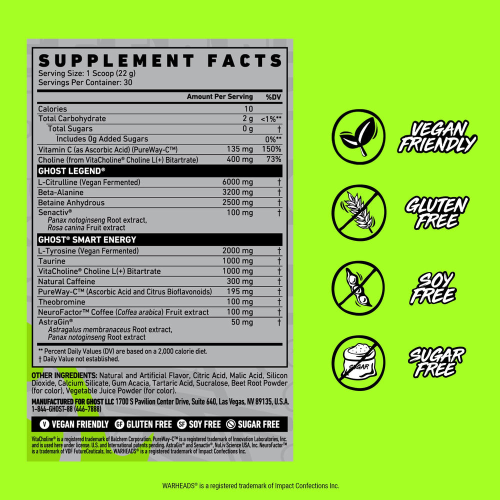 Ghost Legend ingredients include L-Citrulline and Beta-Alanine for potential performance support.