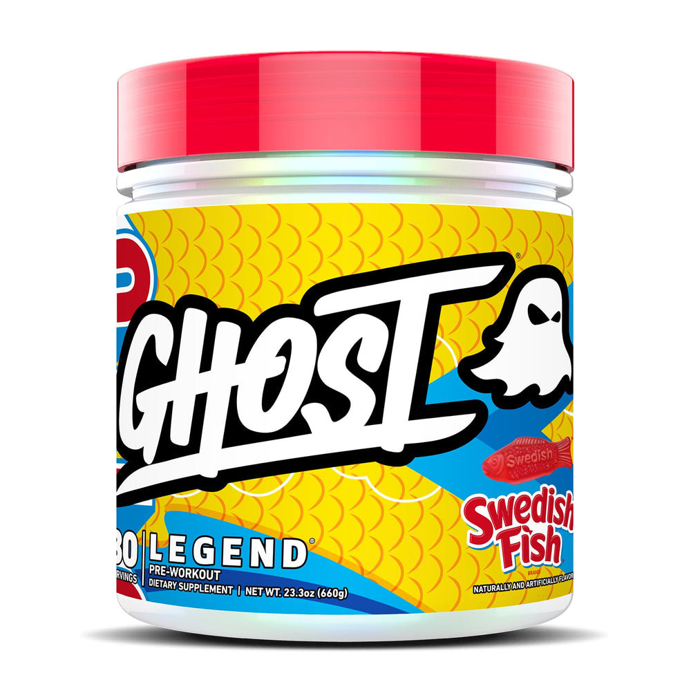 Ghost Legend powder tub in Swedish Fish flavor for vegan pre-workout energy