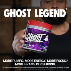 Ghost Legend pre-workout scoop close-up highlighting vegan-friendly formula for workouts.