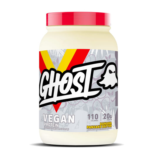 GHOST Vegan Protein Banana Pancake Batter tub front view highlighting 2lb size and flavor.