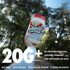 GHOST Vegan Protein transparent-label close-up emphasizes clear ingredients and no blends.