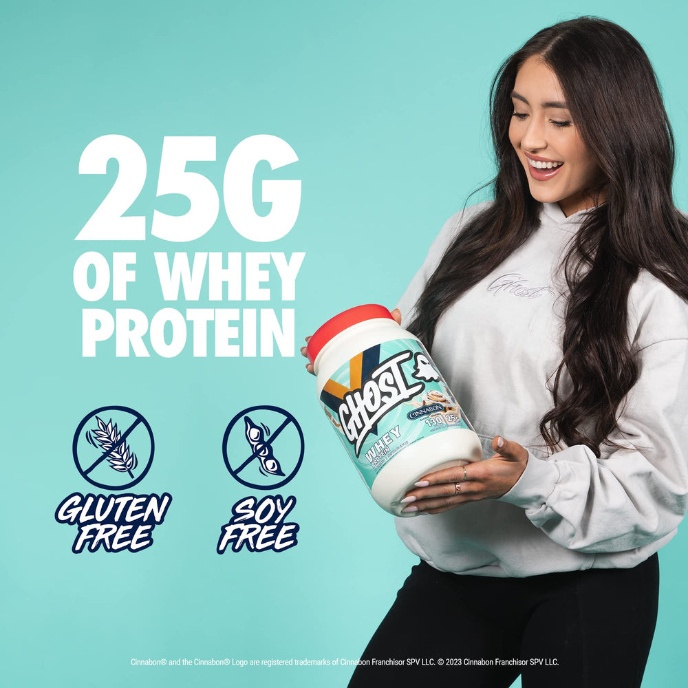 GHOST Whey x Cinnabon shake bottle with Cinnamon Roll flavor for post-workout use.
