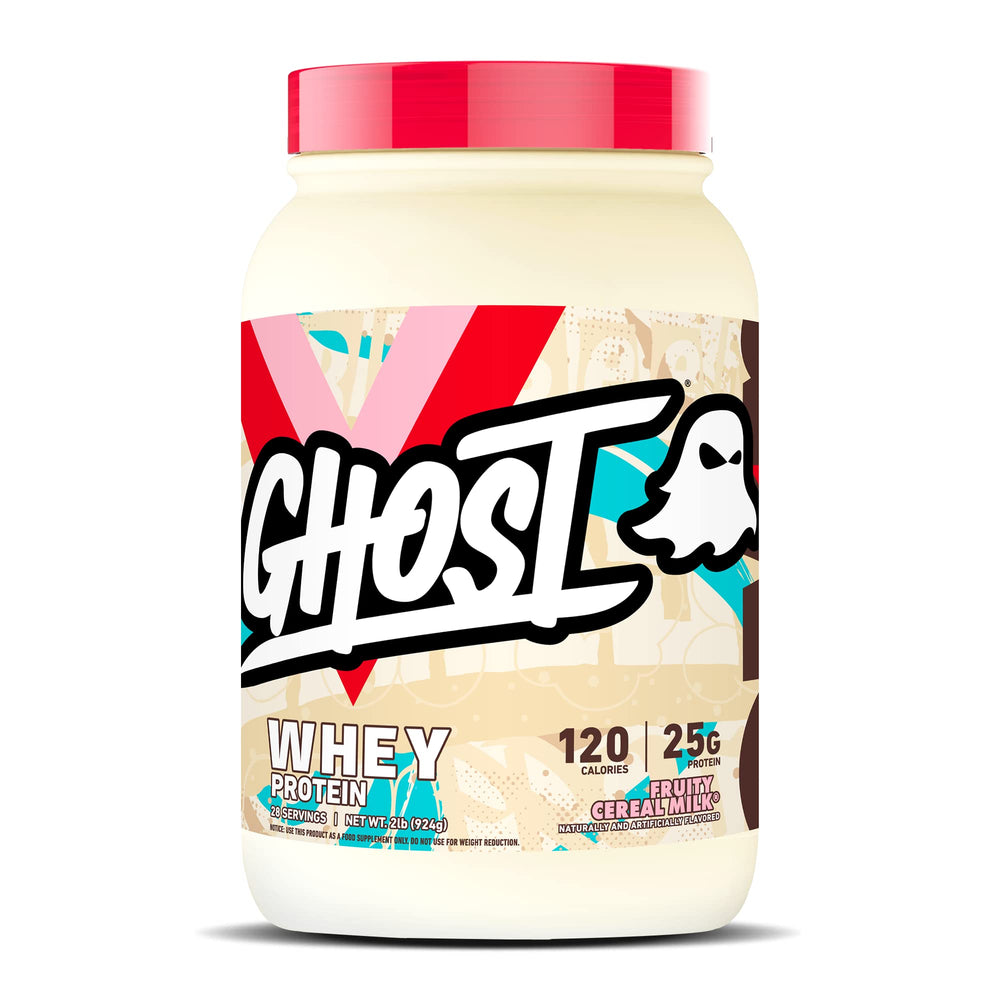 GHOST Whey Fruity Cereal Milk tub front, high-protein post-workout option