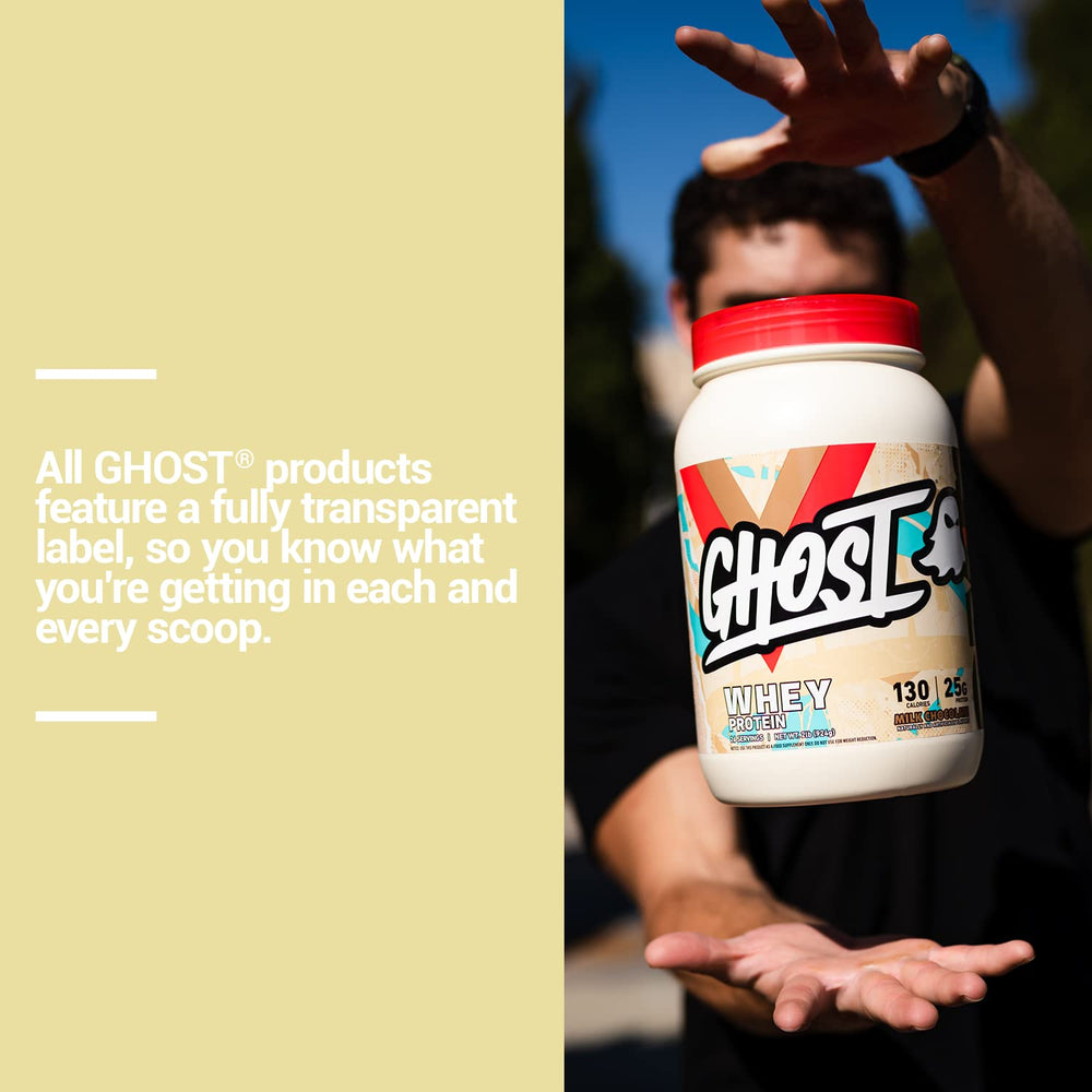 Ghost Whey Milk Chocolate powder dissolving in water for a smooth mix.