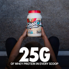 Ghost Whey Milk Chocolate shake in glass, perfect for athletic recovery.