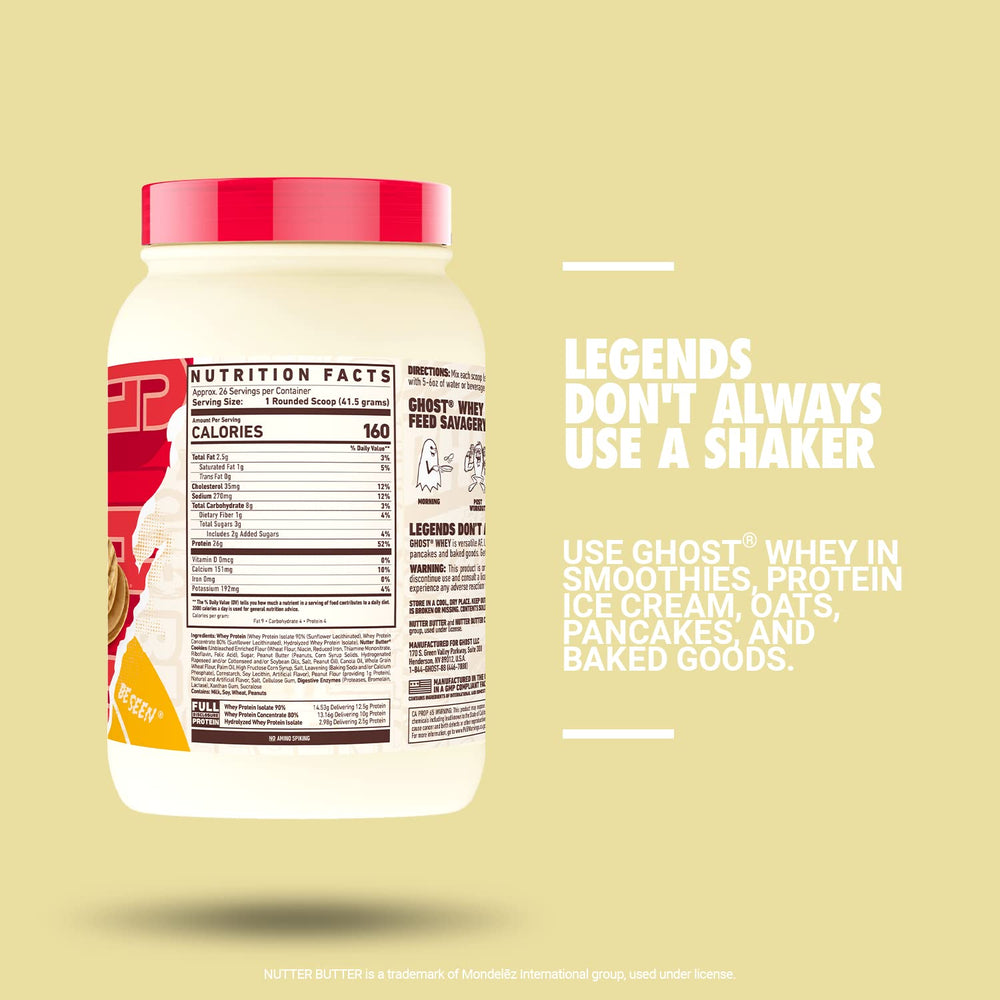 GHOST Whey Nutter Butter scoop pouring into blender for shakes and baking
