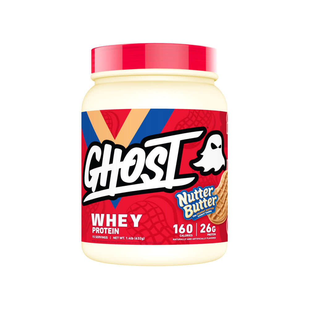 GHOST Whey Nutter Butter tub with transparent labeling for informed protein choices.
