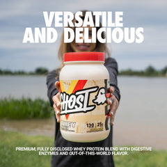 GHOST Whey Cereal Milk scoop showing 25g protein per serving for athletes' recovery
