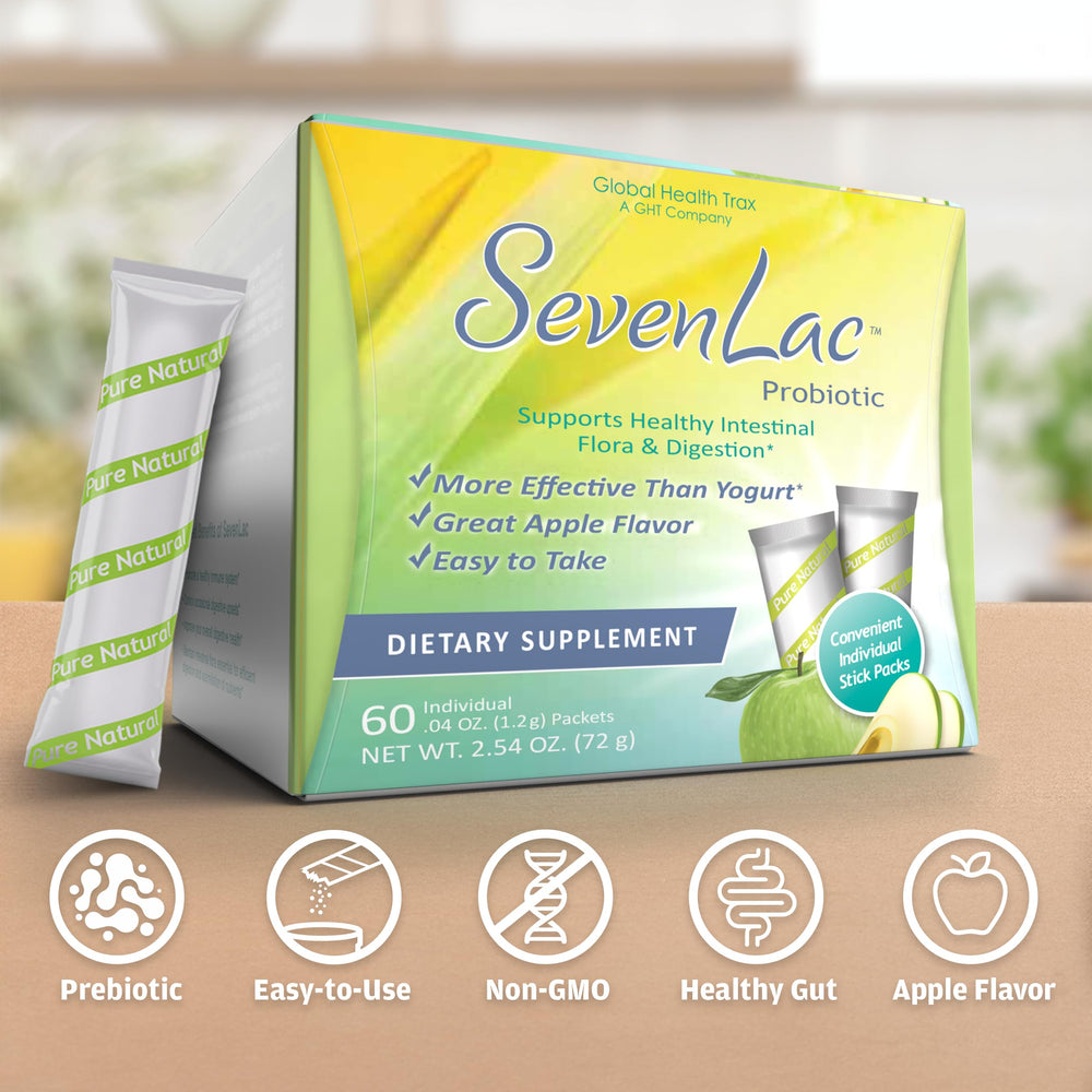 GHT SevenLac Apple probiotic powder stirred into a glass of water for easy consumption