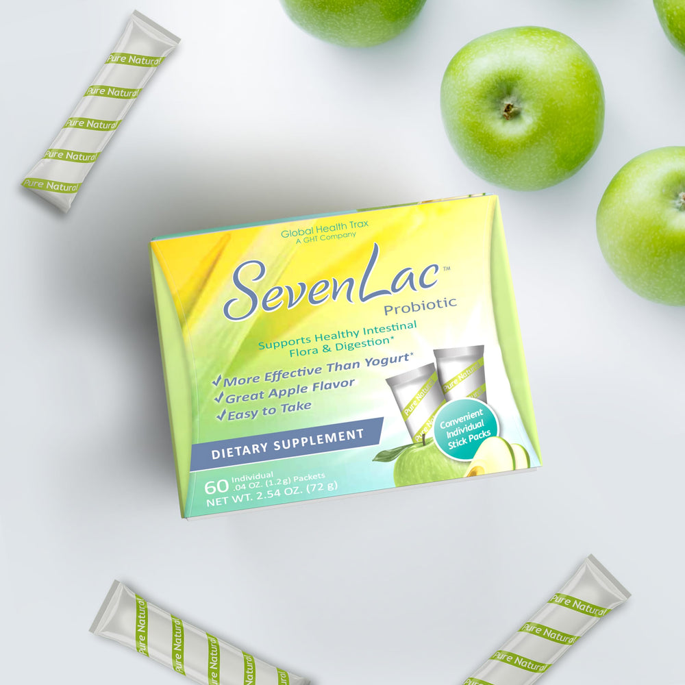 Probiotic powder sachet from SevenLac for travel-friendly digestive support on the go.