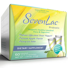 GHT SevenLac Apple probiotic powder packaging highlighting seven-strain formula for gut balance